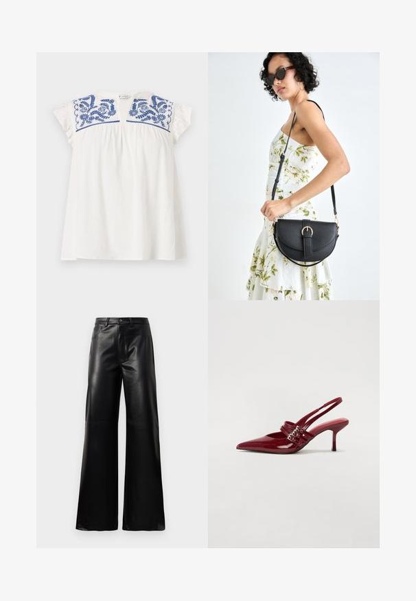 Valge lühikeste varrukatega topp, millel on sinine lilleline tikand kaeluses, pleatidega maht ja pehmed volangvarrukad. Kõrge kvaliteediga, kerge kangas.; Mustad talje laiad jalad kunstnahast püksid esipaneeli nööbi ja lukuga, vöödega ja küljetaskutega valge tausta peal.; Punased lakknahast slingback kontsad, millel on terav varvas, kaks luku rihma ja saledat, keskmise kõrgusega stiletto kontsad. Sile tekstuur.; Mustmust mustraha kõverate joontega, eemaldatava rihmaga ja kuldsete detailidega. Kotil on klapp, millel on pandladetail.