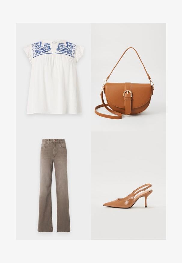 White short-sleeve top with blue floral embroidery at the yoke, featuring pleats for volume and soft ruffled sleeves. Casual, lightweight fabric.; Brown high-waist straight-leg jeans with front button, belt loops, and classic five-pocket design on a white background.; Pointed toe slingback heel in a smooth, glossy tan material. Features a curved cutout design and a slender stiletto heel. Silver buckle detail.; Brown leather crossbody bag with a curved shape, gold hardware, and a buckle accent. Features a detachable shoulder strap.