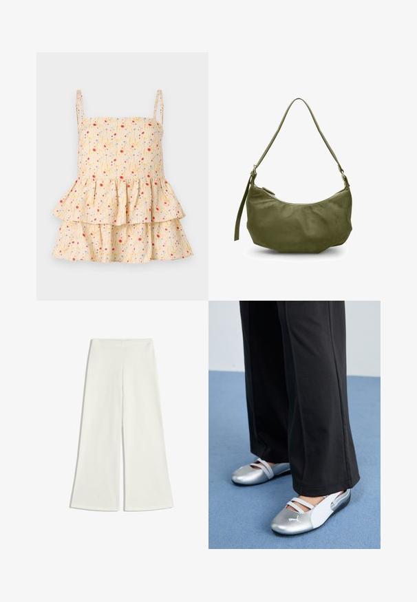 Helmstedt ELLIE - Bluză - cornflower; Cămașă albă din bumbac, cu un design central în formă de stea realizat din strasuri, mâneci scurte și decolteu rotund. Textură moale, croială lejeră.; Pantaloni albi cu croi larg, realizați dintr-un material neted. Aceștia au talie înaltă și nu au cusături vizibile, creând o siluetă elegantă.; Pantofi plat din silver și alb cu bretele încrucișate și detalii texturate, completate de pantaloni negri lejeri. Fundalul este un podea albastră.; Geantă de umăr din piele verde măsliniu, cu o formă curbată, închidere cu fermoar și curea reglabilă. Textură netedă cu accente minime din metal.