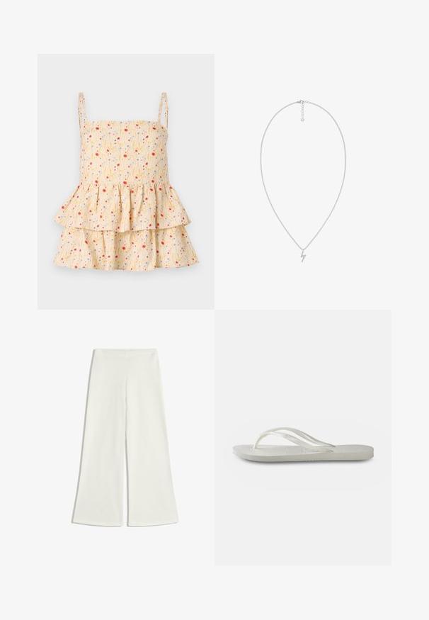 Helmstedt ELLIE - Camicetta - cornflower; Pantaloni a gamba larga bianchi realizzati in tessuto morbido. Presentano una vita alta e nessuna cucitura visibile, creando una silhouette pulita.; Infradito bianchi con suola testurizzata, caratterizzate da cinghie sottili e design piatto. Realizzate in gomma con un logo sottile sulla soletta.; EDBLAD LIGHTNING - Collana - steel