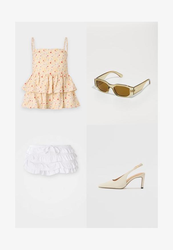 Helmstedt ELLIE - Blouse - cornflower; Wit gerimpelde badrok met meerdere lagen, voorzien van een trekkoord in de taille voor aanpassing. Zachte stof met een gladde textuur.; Beige leren slingback hakken met een spitse neus, open zijkant en een slanke hoge hak. Voorzien van een gouden accent op de band.; Transparante amberkleurige zonnebril met rechthoekige lenzen, dikke pootjes en een glanzende afwerking, met een subtiel logo aan de zijkant.; Roze lederen handtas met een geraffineerde bovenkant, gouden kettingriem en logo-detail. Draagt aan de schouder tegen een witte achtergrond.