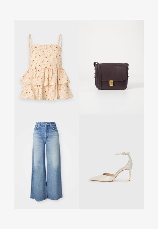 Helmstedt ELLIE - Blūze - cornflower; Platleņķa džinsi, kas izgatavoti no gaiši zilas denima, ar augstu jostu, piecu kabatu dizainu, izbalējušu mazgāšanu un saplēstu apakšmalu.; Baltas ādas augstpapēžu kurpes ar smailu purngala daļu, potītes siksniņu un šauru stiletto papēdi. Gluda tekstūra ar smalku spīdumu.; Tumši brūns ādas plecu soma ar vāku, aprīkota ar zelta furnitūru un dekoratīviem zelta akcentiem sānos. Gluda virsma.