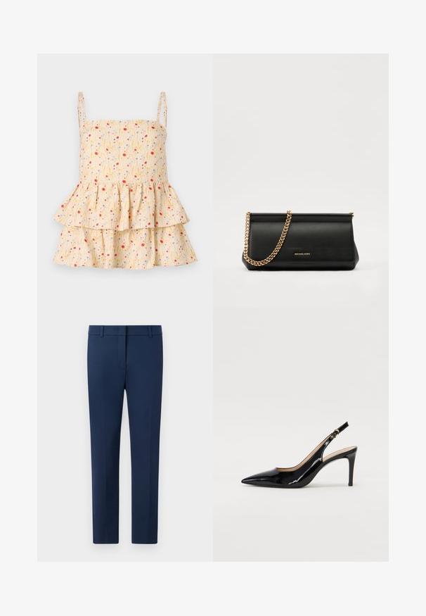 Helmstedt ELLIE - Bluse - cornflower; Marinebukser lavet af vævet stof, med flad front, bæltestropper og en skræddersyet pasform. Ingen synlige mønstre eller detaljer.; Sort patenteret læder slingback stiletto med spids tå, slank hæl og et subtilt udskæringsdesign. Har en gylden spænde på remmen.; Sort læder clutch taske med en guldkæde strop, der har en glat tekstur, rektangulær form og præget branding på forsiden.