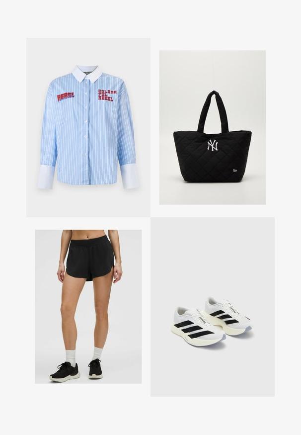 Mėlynos ir baltos juostelės marškiniai su ilgomis rankovėmis, balta apykakle ir dviem raudonai siuvinėtais užrašais: "REBEL" ir "COLOURFUL REBEL."; Juodi sportiniai šortai su elastinga juosta, laisva forma ir šoninėmis plyšiais; užsidėti su juodais sportiniais bateliais ir baltais kojinėmis iki kulkšnių.; Balti sportiniai bateliai su juodomis juostomis ir ženklinimu, turintys tinklelio viršutinę dalį, apvalų pirštą ir storą grietinę spalvos padą, skirtą amortizacijai.; Juodai siūtas quilted rankinė su dvigubomis rankenėlėmis, su baltu Niujorko "Yankees" logotipu ir mažyčiu prekės ženklo emblemu šone.