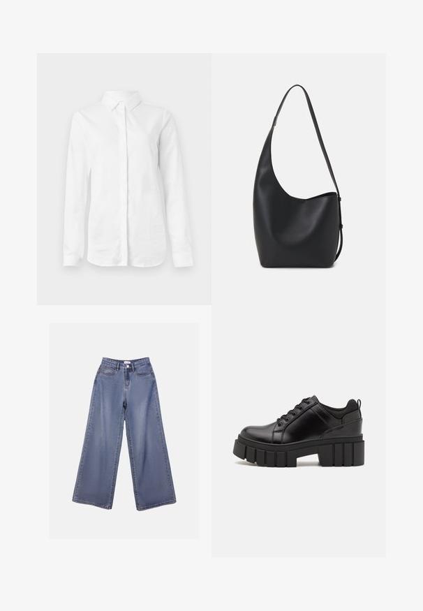 Bílé dlouhé rukávy košile vyrobené z hladké bavlny. Má klasický límeček a zapínání na knoflíky vpředu s rovnými nohavicemi a bez vzorů.; Džínové kalhoty s širokými nohavicemi v světle modrém odstínu, s vysokým pasem, předními kapsami a zapínáním na knoflík s poutky na pásek.; Černé kožené platformové boty s masivním blokovým podpatkem, kulatou špičkou a tradičním šněrováním. Mají hladký povrch a minimální detaily.; Černá kožená hobo taška s hladkým povrchem, zakřiveným tvarem a jedním nastavitelným popruhem; má široké otevírání nahoře.