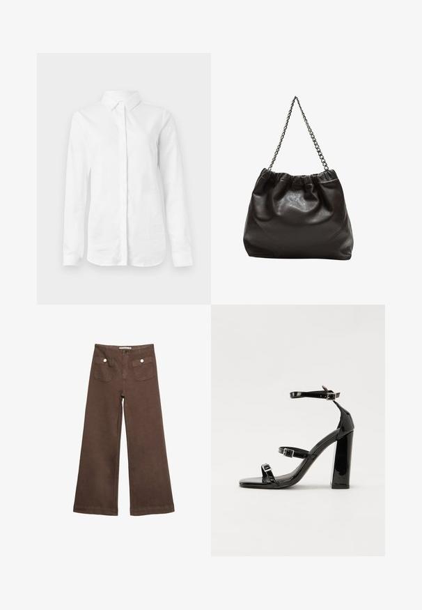 Valkoinen pitkähihainen paita, joka on valmistettu sileästä puuvillasta. Siinä on klassinen kaulus ja napitettava etuosa, suora helma eikä kuvioita.; Ruske leve bukser i bomuld med to forlommer med sølvknapper og en glat overflade.; Musta kiiltävä korkokenkä sandaalit neliönmuotoisella varpaalla, nilkkaremmillä ja hopeisilla soljilla. Varustettu tukevalla lohkokorkealla vakauden takaamiseksi.; Ruskea nahkainen laukku, jossa on kerätty yläosa ja ketjuhihna. Tasainen pinta, jossa kiiltävä viimeistely ja hienovaraiset sauman yksityiskohdat sivuilla.