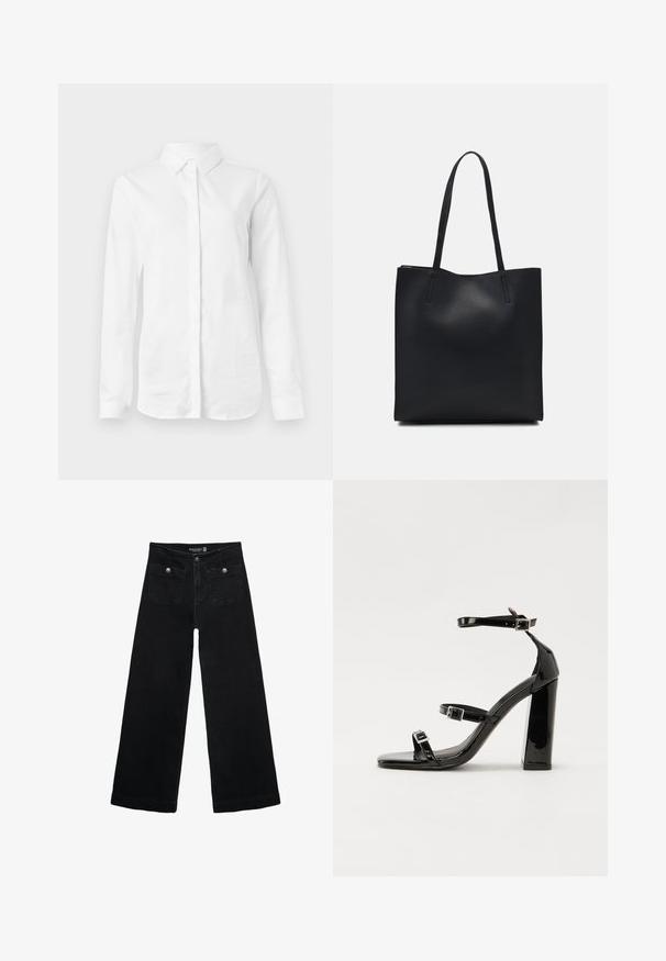 Biała koszula z długim rękawem wykonana z gładkiej bawełny. Posiada klasyczny kołnierzyk i zapięcie na guziki z prostym dołem oraz bez wzorów.; Czarne, szerokie dżinsy z wysokim stanem, z dwoma przednimi kieszeniami i metalowymi guzikami. Tkanina ma gładką fakturę.; Czarne lakierowane sandały na obcasie z kwadratowym noskiem, z paskami wokół kostki i srebrnymi klamrami. Posiadają masywny słupek dla stabilności.; Czarna skórzana torba tote o gładkiej fakturze, prostokątnym kształcie i dwóch długich uchwytach. Brak widocznych elementów metalowych i ozdób.