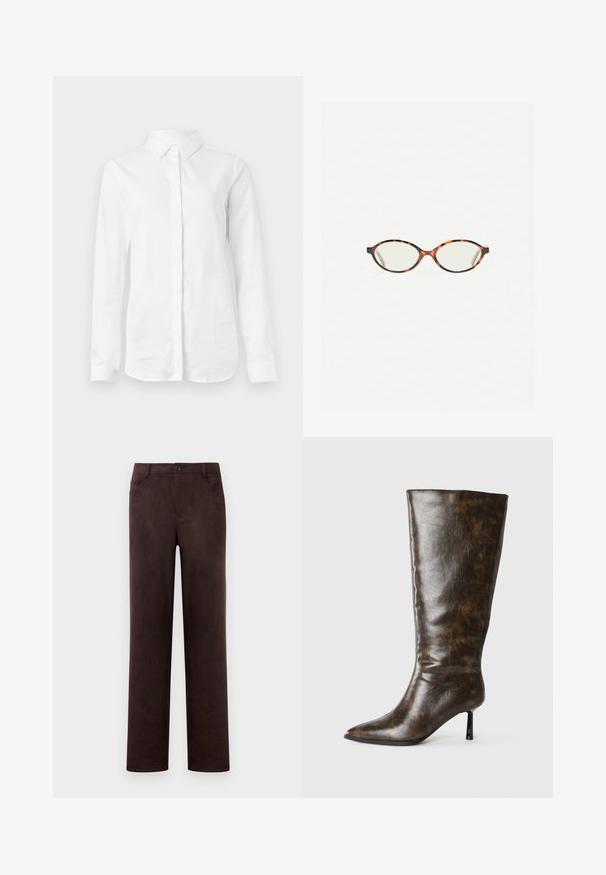 Camicia bianca a maniche lunghe realizzata in cotone liscio. Presenta un colletto classico e una patta con bottoni, orlo dritto e senza fantasie.; Pantaloni in suede marrone scuro a gamba dritta con chiusura anteriore a bottone e zip, passanti per cintura e tasche laterali.; Stivale ginocchiero in pelle marrone invecchiata con punta affusolata e sottile tacco a stiletto su sfondo bianco.; Occhiali in tartaruga con lenti ovali e una finitura liscia e elegante. Presentano aste sottili con una leggera curva alle tempie. Lenti trasparenti.; Borsa in pelle beige intrecciata con una singola tracolla, caratterizzata da una forma rettangolare e una superficie testurizzata. Inclusi gli accessori per la regolazione della tracolla.