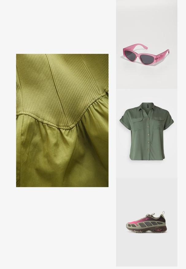 Krátky rukáv, olivovo zelená košeľa na gombíky vyrobená z hladkej látky, s dvoma náprsníkovými vreckami a kontrastnými detailmi gombíkov.; Olivovo zelená tkanina s vertikálnou prúžkovanou textúrou na hornej časti a jemnou zhuštěnou textúrou nižšie, s detaily zakriveného švíku.; Atletická obuv so zmesou olivovej zelenej a tmavohnedých materiálov s ružovými akcentmi. Textúrovaný zvršok a viditeľné vzduchové odpruženie v podrážke.; Ružové priehľadné slnečné okuliare s ostrým tvarom mačacích očí, tmavými tónovanými sklami a vyrazeným textom na strane čítajúcom "SLNEČNÉ OKULIARE."
