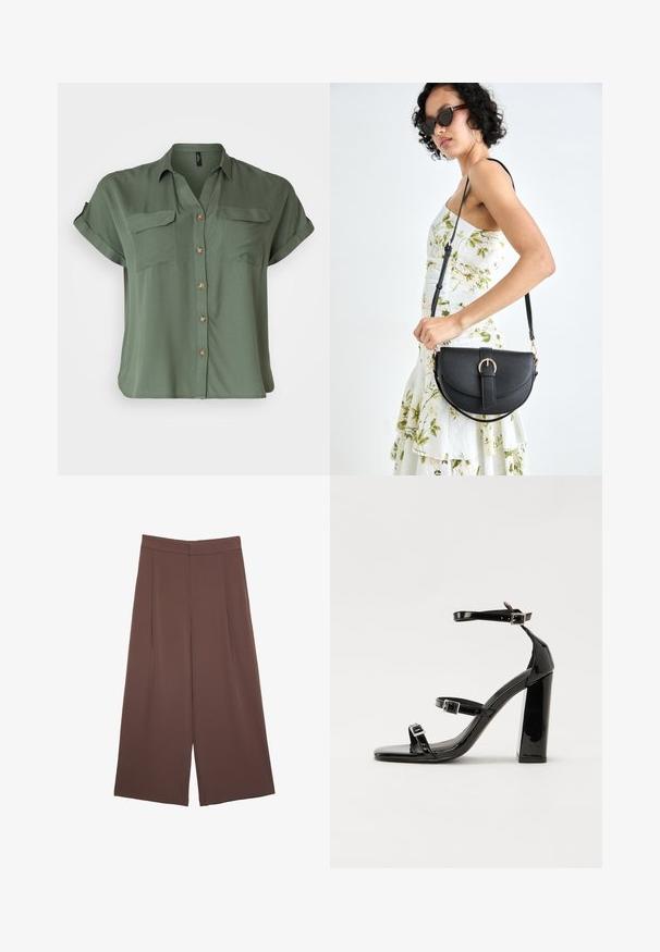 Chemise à manches courtes, vert olive, en tissu lisse, avec deux poches poitrine et des détails de boutons contrastés.; Pantalons larges marron avec une texture lisse, dotés d'une taille haute et de plis à l'avant. Le tissu est léger et tombe de manière fluide.; Sandales à talons vernies noires avec un bout carré, des sangles autour de la cheville et des boucles en argent. Dotées d'un talon bloc épais pour plus de stabilité.; Sac à main en cuir noir avec une forme courbée, bandoulière amovible et des accessoires en or. Le sac est doté d'un rabat avec un détail de boucle.