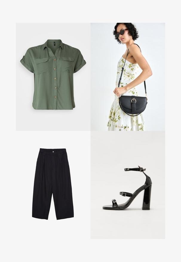 Chemise à manches courtes, vert olive, en tissu lisse, avec deux poches poitrine et des détails de boutons contrastés.; Pantalon culotte noir en polyester avec une taille élastique, deux plis avant et une silhouette ample. Pas de motifs visibles ni de détails matériels.; Sandales à talons vernies noires avec un bout carré, des sangles autour de la cheville et des boucles en argent. Dotées d'un talon bloc épais pour plus de stabilité.; Sac à main en cuir noir avec une forme courbée, bandoulière amovible et des accessoires en or. Le sac est doté d'un rabat avec un détail de boucle.
