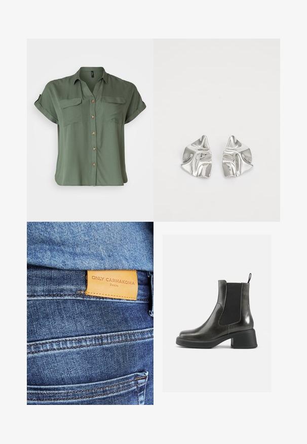 Trumpas rankovėmis, alyvuogių spalvos mygtukinis marškinis iš lygios medžiagos, turintis dvi krūtinės kišenes ir kontrastingus mygtukų akcentus.; Mėlyni džinsai iš denimo, turintys rudą odinį etiketę su užrašu "ONLY CARMKOMA Denim", matomomis siūlėmis ir šoniniu kišeniu.; Juodos odinės kulkšninių botai su lygia apdaila, elastingais šonais ir storu kulnu. Yra vilkimo kilpa, skirta patogesniam apsiaustui.; Sidabriniai metaliniai Auskarai su banginiu, skulptūriniu dizainu, pasižymintys poliruotu paviršiumi ir nereguliariomis formomis, išryškinančiomis šiuolaikišką estetiką.