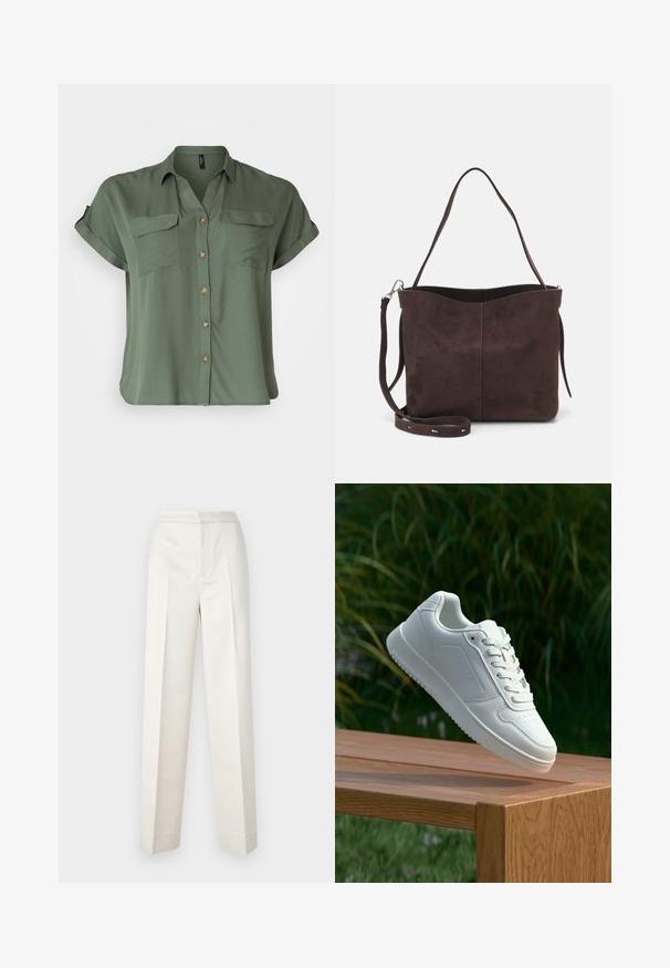 Kurzärmeliges, olivgrünes Hemd mit Knopfleiste aus glattem Stoff, ausgestattet mit zwei Brusttaschen und kontrastierenden Knopfdetails.; Cremfarbene Hosen mit figurbetonter Passform, gerader Beine, glattem Stoff, vorderen Falten und sauberem Saum. Minimalistisches Design.; Weiße Sneaker mit einem glatten, synthetischen Obermaterial, perforierter Zehenbox, flachen Schnürsenkeln und einer strukturierten Sohle, präsentiert auf einer Holzoberfläche.; Braune Wildleder-Tasche mit weicher Textur, ausgestattet mit einem einzelnen Schulterriemen und einer dezenten, gewölbten Öffnung an der Oberseite. Keine sichtbaren Beschläge.