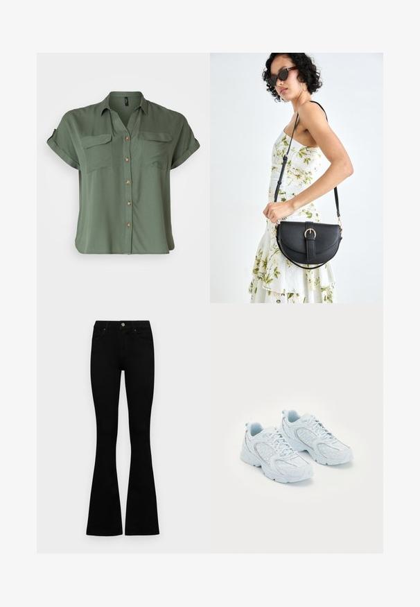 Short-sleeve, olive green button-up shirt made of smooth fabric, featuring two chest pockets and contrasting button details.; Black high-waist jeans with a button and zip closure, front pockets, and flared legs laid flat on a white background.; Light blue athletic shoes with a mesh and synthetic upper, featuring white polka dots and reflective accents, lace-up design, and cushioned soles.; Black leather handbag with a curved shape, detachable strap, and gold hardware. The bag features a flap with a buckle detail.