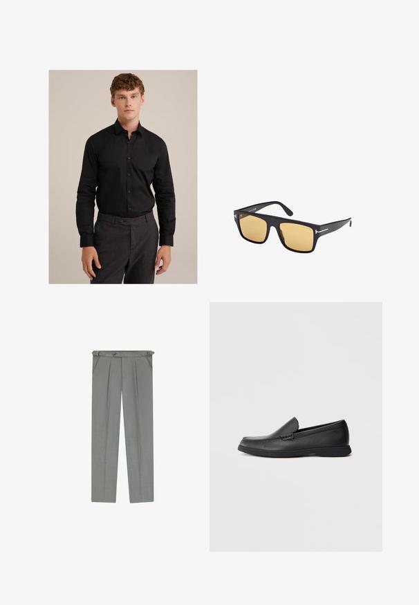 Svart långärmad skjorta med knäppkrage och knappar framtill, gjord av ett slätt tyg, i kombination med mönstrade mörka byxor.; Ljusgrå skräddarsydda byxor med en texturerad yta, med veck, bälteshällor och en knappknäppning i midjan.; Svart läder slip-on loafers med texturerad ovandel, rund tå, låg klack och gummisulor, visad i sidoprofil mot vit bakgrund.; Svarta fyrkantiga solglasögon med gula linser. Slankt acetatram, accentuerat med silverdetaljer vid templen, med en minimalistisk design.; Svarta läderhandskar med en slät yta, elegant design och framträdande sömmar längs fingrarna, med en något rundad spets på varje finger.