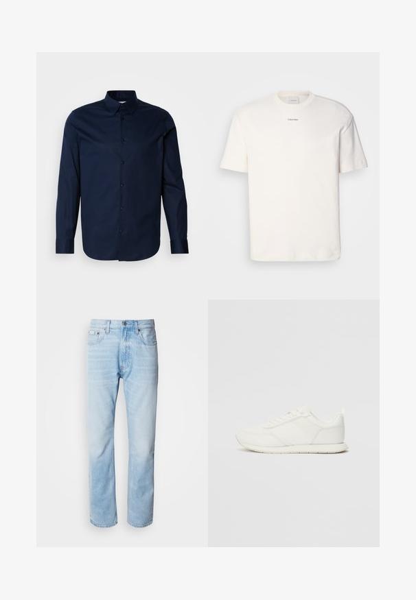 Námorně modrá košile s dlouhým rukávem vyrobená z hladké látky, s knoflíkovým zapínáním vpředu, špičatým límcem a manžetami, na kterých je jemné logo na hrudi.; Bílá bavlněná tričko s kulatým výstřihem, krátkými rukávy a vyšitým logem "Calvin Klein" na prostředku hrudi. Jednoduchý design.; Světle modré džíny s rovnou nohavicí, s vybledlými částmi, pěti kapsami a klasickým zapínáním na knoflík.; Bílé tenisky s vrchní částí z síťoviny a syntetického materiálu, kulatou špičkou, plochými tkaničkami a texturovaným bočním pruhem. Gumová podrážka s poutkem vzadu.