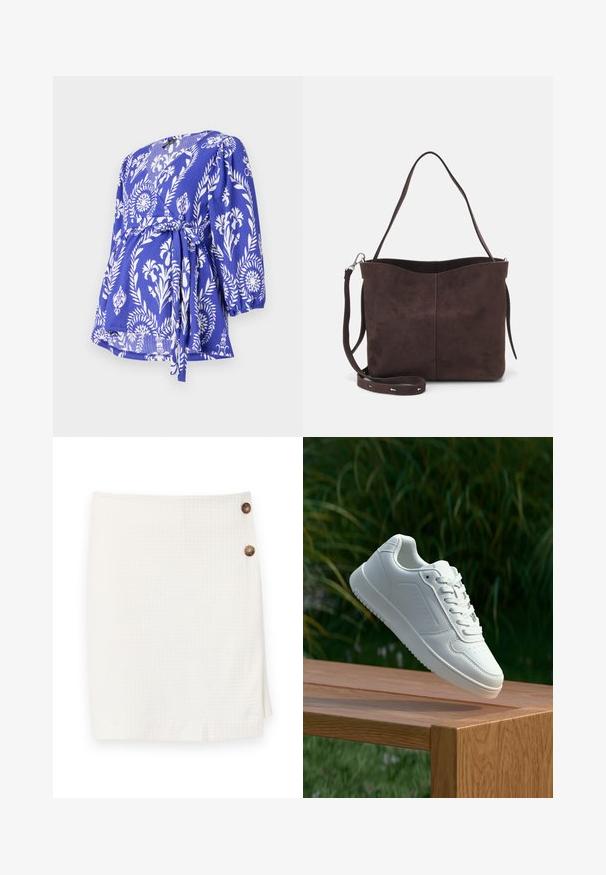 Top azul com padrão floral branco, mangas 3/4, fecho com laço na cintura, tecido texturizado e decote em V.; Saia branca com um tecido texturizado, apresentando um design envolvente e dois botões redondos de fecho de cada lado.; Sapatilha branca com um cabedal sintético liso, caixa dos dedos perfurada, atacadores planos e uma sola texturizada, exposta sobre uma superfície de madeira.; Saco tote em camurça castanha com uma textura suave, apresentando uma única alça de ombro e uma abertura superior levemente curvada. Sem detalhes de hardware visíveis.