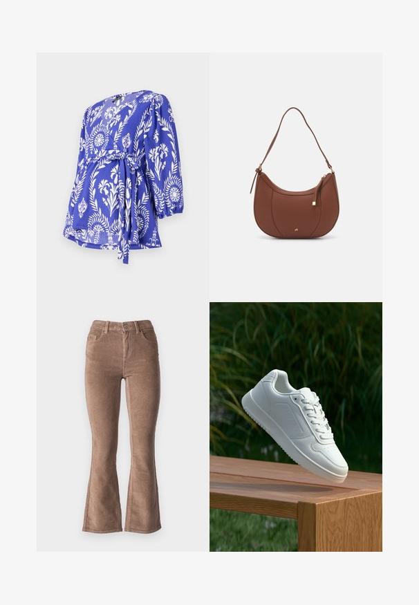 Top albastru cu un model floral alb, mâneci 3/4, închidere cu fundă la talie, țesătură texturată și decolteu în formă de V.; Pantaloni evazați din catifea mare maro, cu o textură în pânză, având talie înaltă, cinci buzunare și închidere cu buton în față.; Sneaker alb cu un upper sintetic neted, cu vârf perforat, șireturi plate și o talpă texturată, expus pe o suprafață de lemn.; Geantă de umăr din piele ecologică maro, cu o formă curbată, cusături minime și un accent din metal auriu. Are un închidere cu fermoar în partea de sus și o curea ajustabilă.