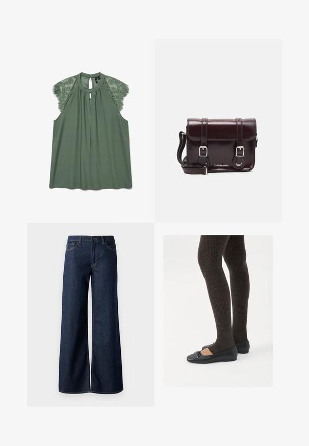 Zöld blúz csipke vállrész díszítéssel, kulcslyuk kivágással és puha anyagból készült. Lazább fazonú, hátul gombos záródással rendelkezik.; Sötét kék farmer széles lábú nadrág. Kontrasztos varrással, öt zsebhálóval és gombos derékzárással rendelkezik. Simás textúra.; Fekete lapos cipők kis masni díszítéssel az orrán, sötétbarna bordázott harisnyával párosítva. A cipők sima textúrával és alacsony profilúak.; Burgundy lakkbőr keresztpántos táska téglalap alakú, két pánttal, ezüst színű szerelvényekkel és fedélzárral.
