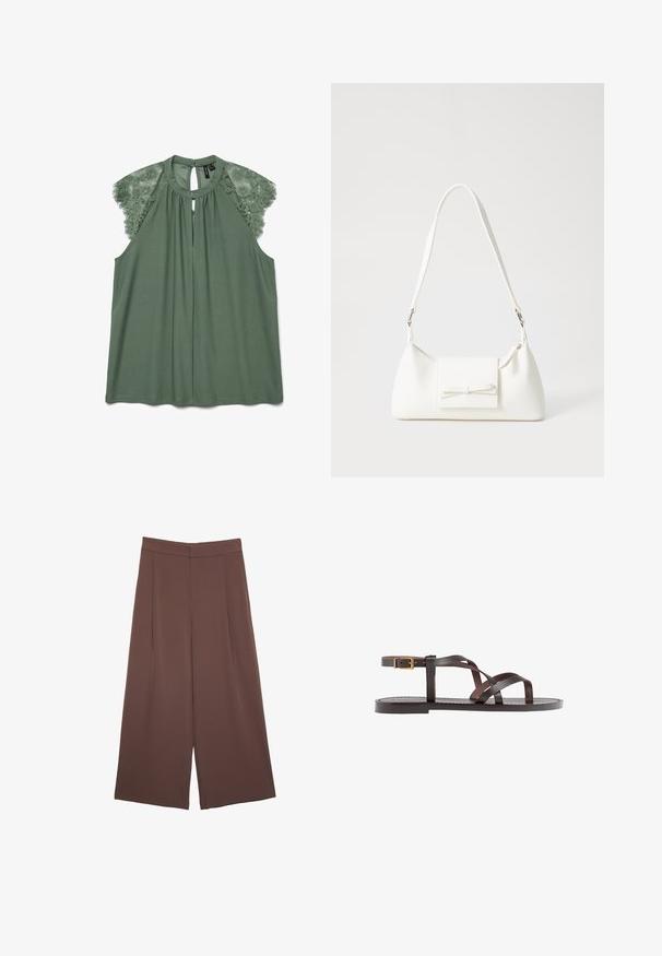 Grøn bluse med blonde skulderdetaljer, nøglehulshals og blødt stof. Har en afslappet pasform og en knaplukning på ryggen.; Brune bredbunde bukser med en glat tekstur, der har høj talje og plisseringer foran. Stoffet er let og falder løst.; Brune lædersandal med krydsende stropper, ankelspænde og en flad sål med minimale syninger.; Hvid syntetisk håndtaske med en trekantet form, flad forsideklap og sløjfedetalje, justerbar strop, glat tekstur og minimalistisk design.