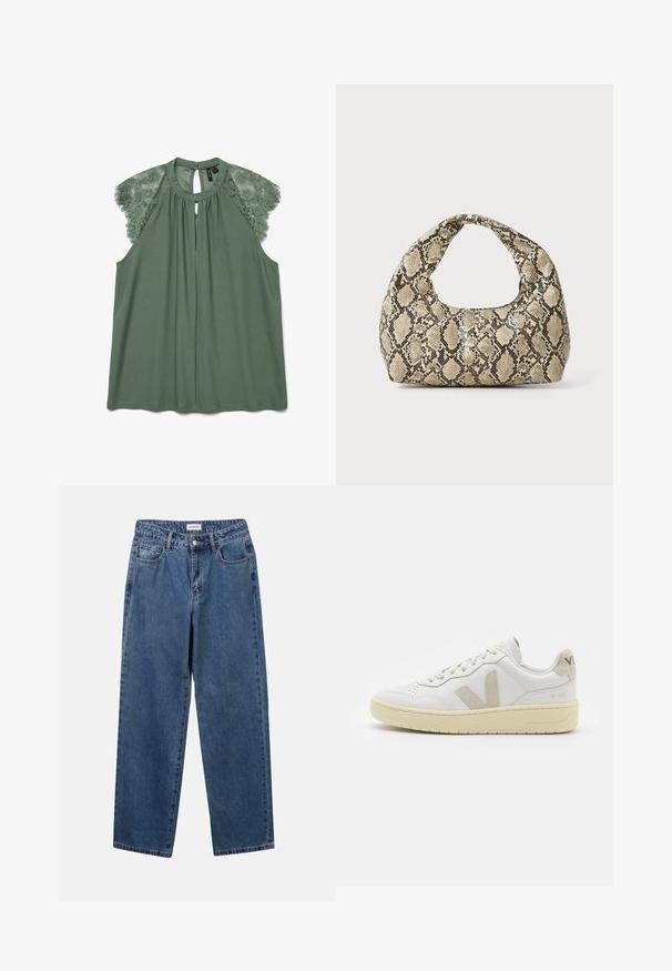 Zöld blúz csipke vállrész díszítéssel, kulcslyuk kivágással és puha anyagból készült. Lazább fazonú, hátul gombos záródással rendelkezik.; Klasszikus kék farmernadrág egyenes szárú dizájnal, öt zsebbel és gombos zárással. Közepes mosású és strapabíró textúrával rendelkezik.; Fehér bőr sneaker bézs velúr részletekkel, perforált orr résszel, lapos fűzőkkel és textúrált krémszínű talppal. Finom márkajelzés található a sarkán.; Kígyómintás kézitáska ívelt fogantyúval. Texturált, bézs és barna anyagból készült, jellegzetes gyémántmintával.
