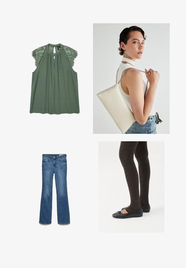 Zaļa blūze ar mežģīņu plecu akcentiem, atslēgas formas izgriezumu un mīkstu audumu. Īpašības ietver brīvu piegriezumu un aizmugurē esošu pogu aizdari.; Zilīgie akrila flared džinsi ar vidukļa augstumu, divām priekšējām kabatām un izšūtu jostasvietu. Mīksta tekstūra un tradicionāls piecu kabatu dizains.; Melnas plakano formas kurpes ar mazu loku uz pirksta, apvienotas ar tumši brūnām ribotām zeķubiksēm. Kurpēm ir gluda tekstūra un zems profils.; Balts taisnstūra clutch soma, izgatavota no spīdīga materiāla, ar sudraba ķēdes siksnu. Modelis pozē, demonstrējot somu uz vienkārša fona.