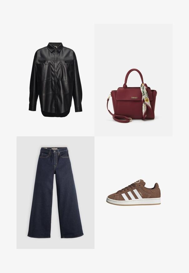 Schwarzes Lederhemd mit Knöpfen, breitem Kragen, zwei großen Brusttaschen und lockerer Passform. Glatte Textur und leicht abgerundeter Saum.; Helle-bein Jeans aus Denim in Dunkelblau mit Kontrastnähten. Mit traditionellem Fünf-Taschen-Design und einem Knopfverschluss an der Taille.; Braune Wildledersneaker mit weißen Lederstreifen, Gummisohle, gerundetem Zehenbereich und Schnürung. Mit einem Logo auf der Zunge und perforierten Akzenten.; Burgunderfarbene Handtasche aus synthetischem Material mit strukturiertem Design, ausgestattet mit einem abnehmbaren Trageriemen und einem blumenmusternden Schal, der am Griff gebunden ist.