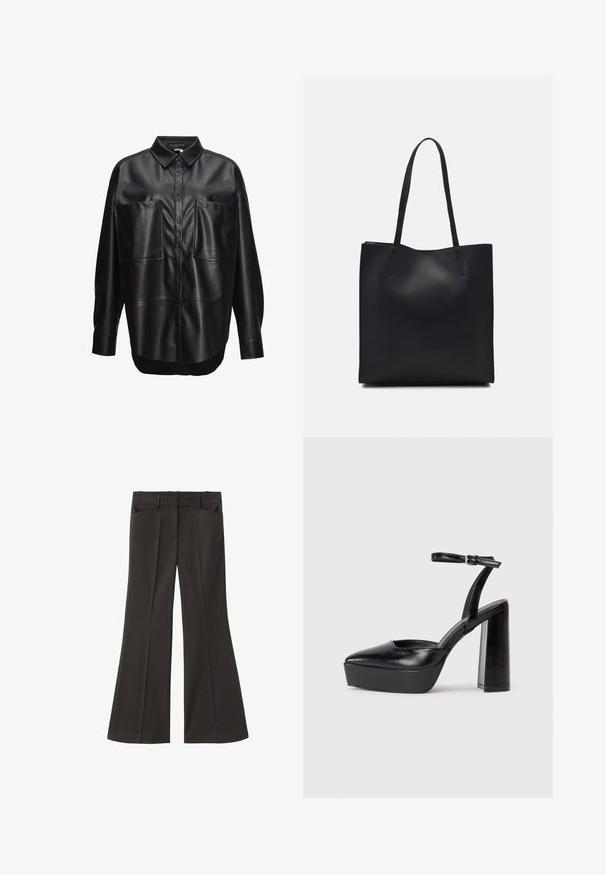 Czarna skórzana koszula zapinana na guziki z rozłożonym kołnierzykiem, dwiema dużymi przednimi kieszeniami i luźnym krojem. Gładka tekstura i lekko zaokrąglony doł.; Czarne spodnie z szerokimi nogawkami i wysokim stanem; posiadają dwie przednie kieszenie oraz gładką teksturę materiału. Idealne na różne okazje.; Czarne platformy na wysokim obcasie z szpiczastym noskiem i regulowanym paskiem na kostkę. Wykonane z gładkiej skóry, z grubym słupkowym obcasem.; Czarna skórzana torba tote o gładkiej fakturze, prostokątnym kształcie i dwóch długich uchwytach. Brak widocznych elementów metalowych i ozdób.