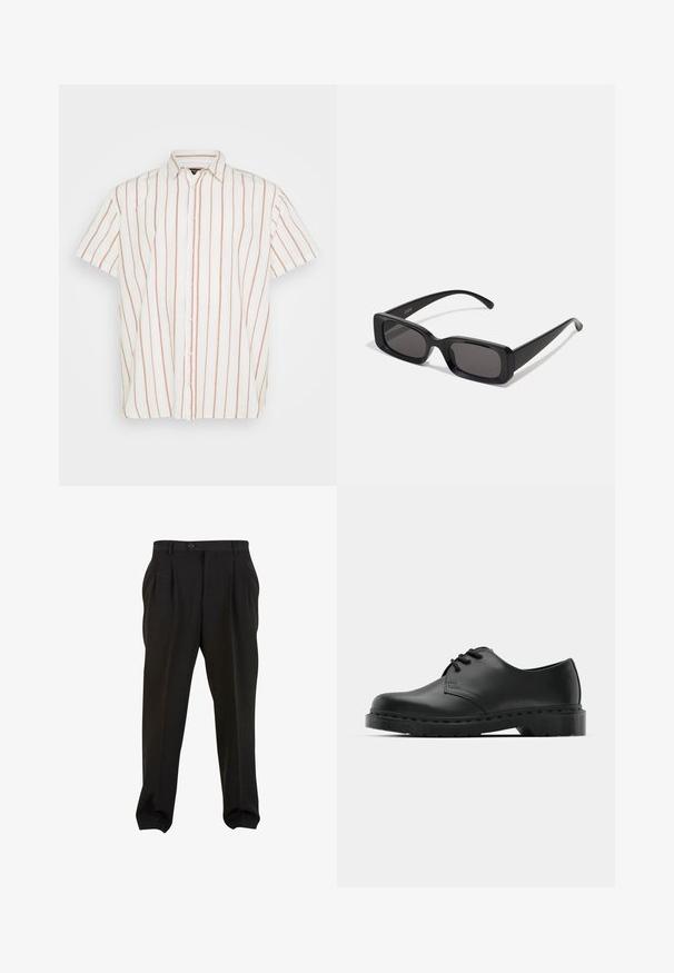 Srajca s kratkimi rokavi in gumbi iz belega blaga, ki ima ožje, navpične rdeče črte. Klasičen ovratnik in ravno zasnovan rob.; Črne hlače iz gladkega materiala, s sprednjimi gubami, gumba na pasu in ozkimi manšetami na gležnjih. Klasična krojena silhueta.; Črne usnjene oksford čevlje z vezalkami, zaobljenim prstom, ravnim gumijastim podplatom in diskretnim šivanjem po zgornjem delu.; Črne pravokotne sončna očala z temnimi lečami, sijajna površina, široka ročaja in masiven okvir. Vgravirano ime blagovne znamke na eni ročaji.