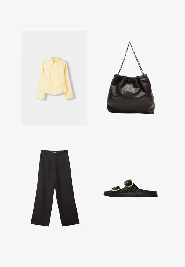 Keltainen raidallinen paita, jossa on pitkät hihat, terävä kaulus ja edessä nappikiinnitys. Sisältää pystysuoria sinisiä raitoja ja muotoiltua istuvuutta.; Mustat leveälahkeiset housut, jotka on valmistettu sileästä kankaasta. Niissä on edessä vetoketju ja kaksi sivutaskua, ja niiden muotoilu on räätälöity ja minimalistinen.; Musta liukusandaali, jossa on kaksi kultaisesta solkesta tehtyä korostusta, sileäpintainen materiaali, litteä pohja ja minimalistinen muotoilu.; Ruskea nahkainen laukku, jossa on kerätty yläosa ja ketjuhihna. Tasainen pinta, jossa kiiltävä viimeistely ja hienovaraiset sauman yksityiskohdat sivuilla.