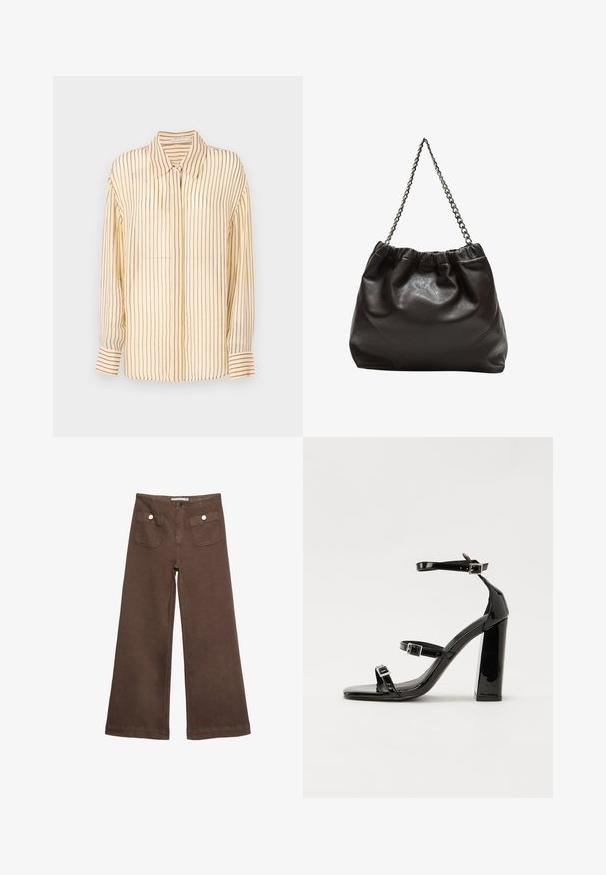 Yellow blouse with vertical maroon stripes, collared design, long sleeves with buttoned cuffs, and a lightweight, smooth fabric texture.; Brown wide-leg trousers made of cotton, featuring two front pockets with silver buttons, and a smooth texture.; Black patent heeled sandals with a square toe, ankle straps, and silver buckles. Features a chunky block heel for stability.; Brown leather bag with a gathered top and a chain strap. Smooth texture with a glossy finish and subtle seam detailing on the sides.