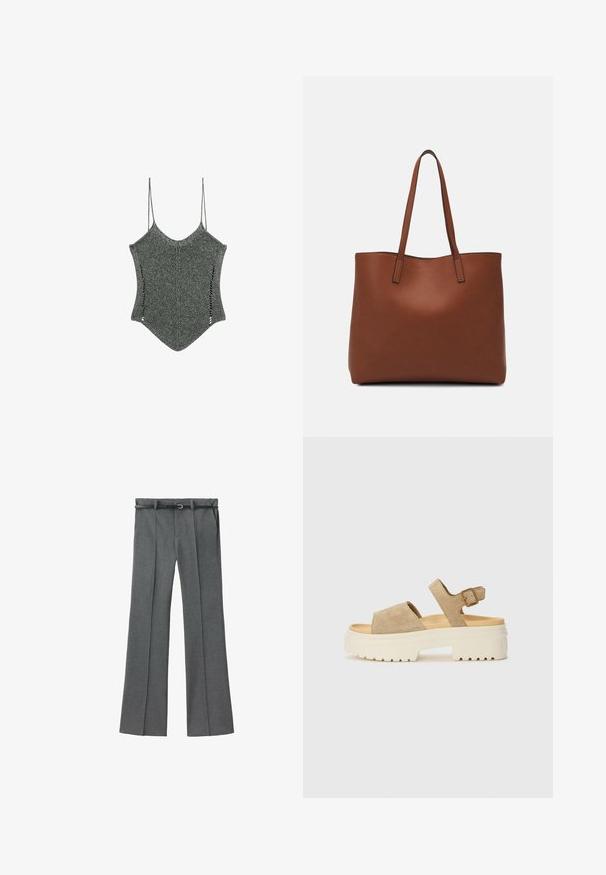 Knitted gray top with thin straps, featuring a unique pointed hem and side cutouts, showcasing a textured fabric design.; Gray tailored trousers with a straight leg design, lightweight fabric, belt loops, and a narrow belt featuring a silver buckle.; Suede sandals in light beige with a wide strap and adjustable ankle buckle. Chunky white sole with textured tread for grip.; Brown leather tote bag with a smooth texture, open top design, and two shoulder straps. Features minimal stitching and no visible hardware.