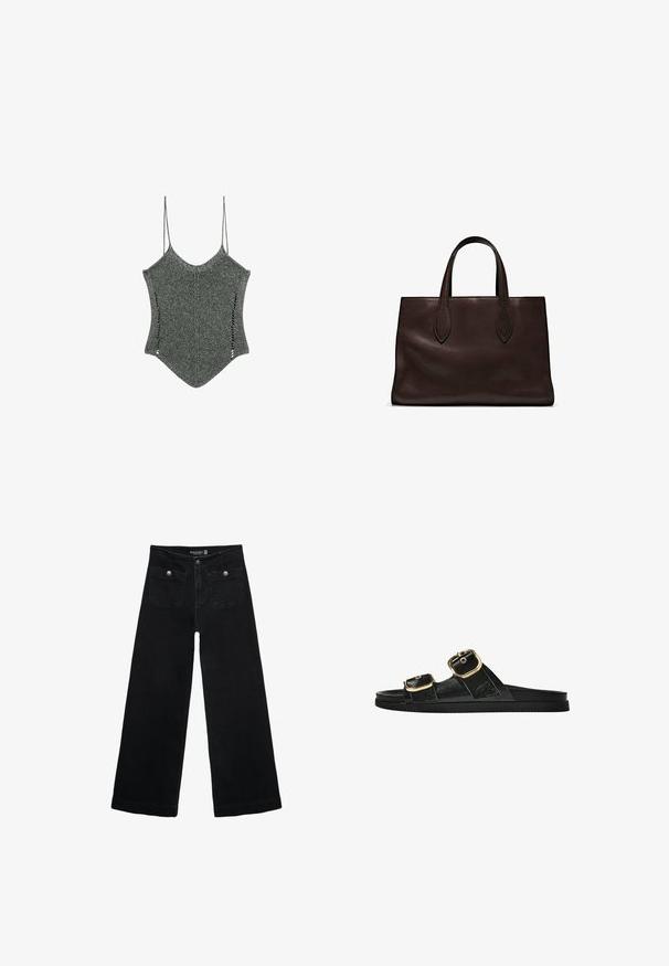 Knitted gray top with thin straps, featuring a unique pointed hem and side cutouts, showcasing a textured fabric design.; Black wide-leg jeans with a high waist, featuring two front pockets and metal button accents. The fabric has a smooth texture.; Black slide sandal with two gold buckle accents, smooth textured material, flat sole, and a minimalist design.; Brown leather tote bag with two elongated handles, structured rectangular shape, smooth texture, and subtle stitching details.