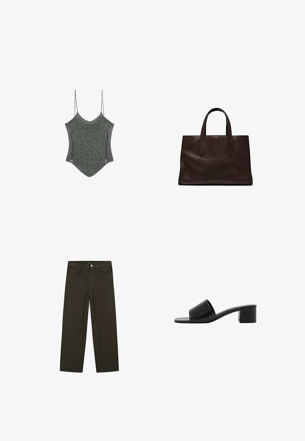 Knitted gray top with thin straps, featuring a unique pointed hem and side cutouts, showcasing a textured fabric design.; Dark green wide-leg jeans made of cotton blend, featuring a front button closure, five pockets, and classic denim stitching.; Black leather open-toe slide sandal with a wide strap and a solid block heel. Features a smooth texture and minimal design.; Brown leather tote bag with two elongated handles, structured rectangular shape, smooth texture, and subtle stitching details.