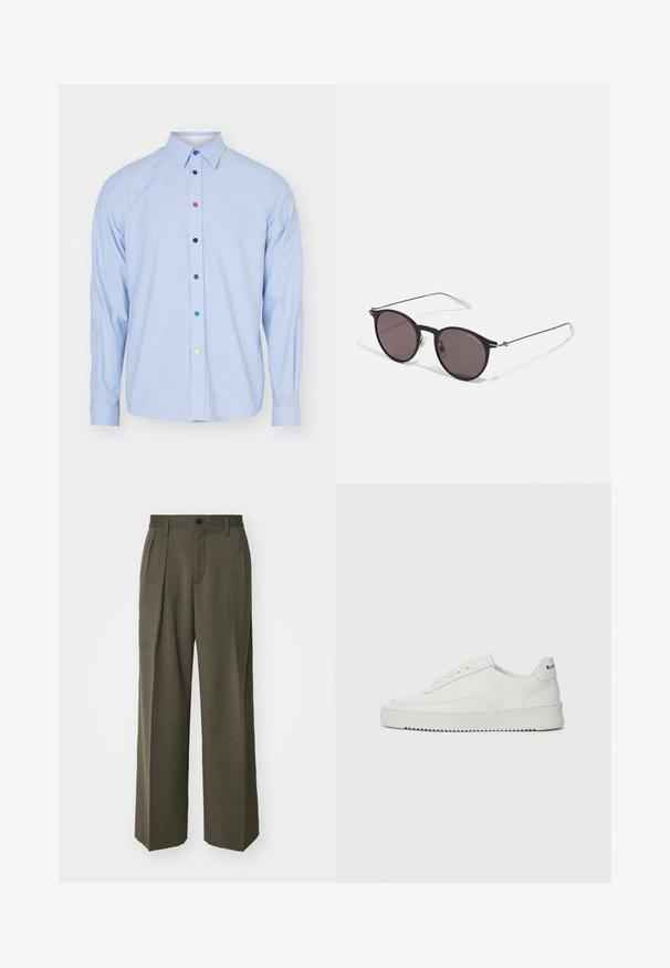 Vaaleansininen pitkähihaonen paita, jossa on nappikaulus ja moniväriset napit edessä. Valmistettu sileästä, tekstuurista kankaasta.; Musta puuvillapaita, jossa on pyöreä kaula-aukko, lyhyet hihat ja valkoinen "EMPORIO ARMANI" -logo, jonka yläpuolella on kaarevassa muodossa "Milano".; Filippa K WIDE TROUSERS - Housut - driftwood; Valkoinen nahkakenkä, jossa on sileä pinta, pyöreä kärki, tasaiset nauhat ja teksturoitu pohja. Sisältää huomaamattoman logon kantapäässä.; Musta pyöreä aurinkolasit tummilla linsseillä ja kapeilla metallikehyksillä. Sisältää kirkkaat temppelet ja hopeiset yksityiskohdat saranassa. Minimalistinen muotoilu.