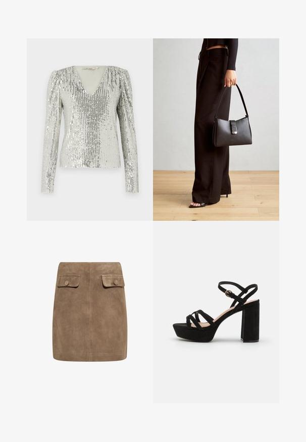 Hopeapintainen pitkähihainen paita, jossa on syvä V-pääntie, ja siinä on tekstuurilla varustettu vinotikkurivi ja laskostetut puffihihat.; Ruskea mokkanahkainen mini hame, jossa on sileä pinta. Hameessa on kaksi etupakkausta ja napit kummassakin reunassa. Yksinkertainen ja suora muotoilu.; Mustakasta sukkalaista saapasta, jossa on lohkarepohja, ristiin menevät hihnat ja soljellinen nilkkastrappi, joka takaa tukevan istuvuuden.; Musta käsilaukku, jossa on rakenteellinen muoto, sileä pinta ja metallinen solki. Yhdistetty leveisiin mustiin housuihin ja avonaiheisiin sandaaleihin puulattialla.