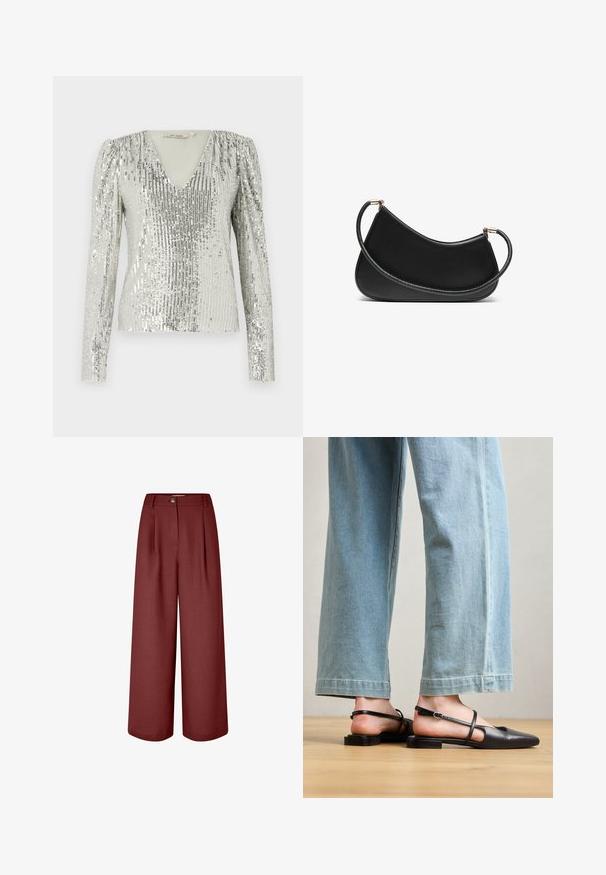 Silver long-sleeve top with a deep V-neck, featuring a textured pattern of vertical sequins and pleated puff shoulders.; Wide-leg trousers in a rich burgundy color, made of smooth fabric. Features a waistband, front pleats, and a single button closure.; Black leather slingback shoes with a pointed toe, flat heel, and ankle strap; worn with light blue wide-leg jeans.; Black leather shoulder bag with a curved design, featuring a textured strap and gold-tone hardware at the top closure. Smooth finish.; Gold-toned earrings featuring a mix of geometric shapes: a square, circle, and linked oval designs with a polished finish.