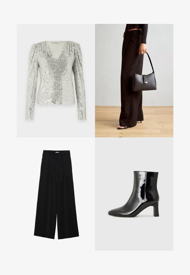 Sudraba garām piedurknēm tops ar dziļu V veida kakla izgriezumu, kam raksturīga teksturēta vertikālo fliteru un krokām izveidota plecu daļa.; Melni platleņķa bikses ar teksturētu audumu, elastīgu jostu un noņemamu siksnu viduklī, kas nodrošina regulējamu piegulšanu.; Melnas patentētas ādas potīšu zābaki ar norādītu pirkstu un vidēja augstuma kvadrātveida papēdi. Gluda tekstūra un minimālisma dizains.; Melnā somiņa ar strukturētu formu, gludu tekstūru un metālu sprādzi. Saskaņota ar platām melnām biksēm un sandālēm ar atvērtu purngalu uz koka grīdas.