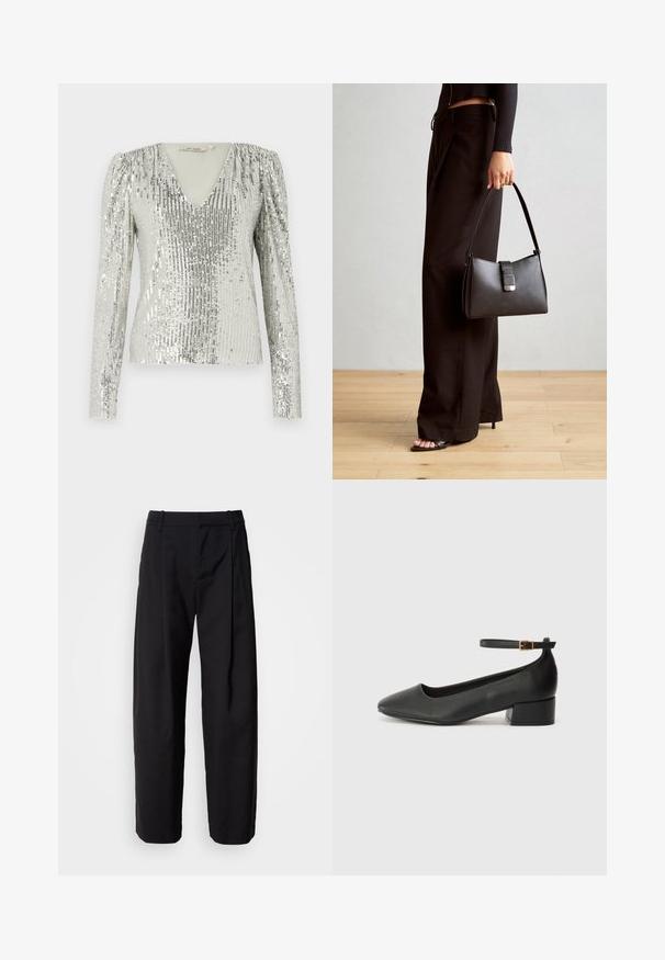 Srebrna bluza z dolgimi rokavi in globokim V-izrezom, ki se ponaša s teksturiranim vzorcem navpičnih bleščic in pregibanimi puf ramen.; Črne hlače s sproščenim krojem, nabranim sprednjim delom in zankami za pas. Gladek material in ravne noge, ki vključujejo stranske žepe.; Črne usnjene pumpice z nazobčanimi prsti in nizko blokasto peto. Imajo trak okoli gležnja z zaponko v zlatem tonu. Gladka tekstura.; Črna torbica z strukturirano obliko, gladko teksturo in kovinskim zaponko. Ujemajo se z širokimi črnimi hlačami in odprtimi sandali na lesenem tleh.