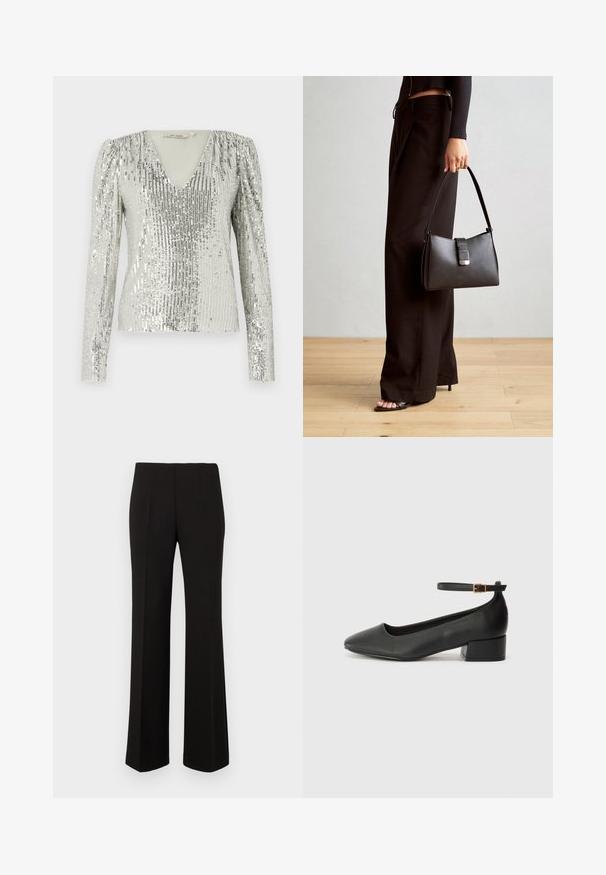Sølv langermet topp med dyp V-hals, med et teksturert mønster av vertikale paljetter og plissert puffeski.; Svarte skreddersydde bukser med rette ben, høy midje og framfalter, vist mot en enkel bakgrunn.; Sorte skinnpumper med spiss tå og lav blokkhelt. Har ankelrem med gullfarget spenne. Glatt tekstur.; Svart håndveske med strukturert form, jevn tekstur og metallisk lås. Kombinert med brede svarte bukser og sandaler med åpen tå på tregulv.