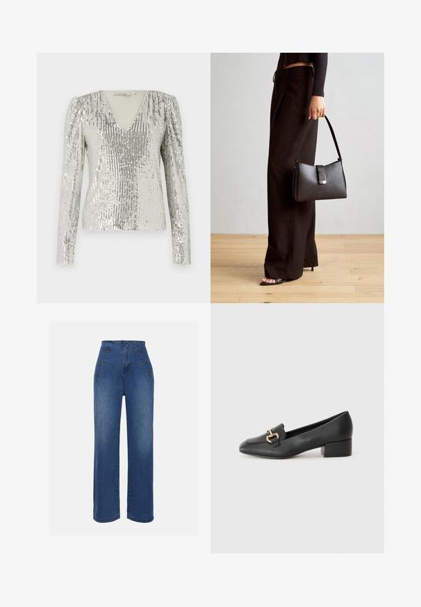 Sudraba garām piedurknēm tops ar dziļu V veida kakla izgriezumu, kam raksturīga teksturēta vertikālo fliteru un krokām izveidota plecu daļa.; Augstas jostas denima bikses vidēji zilā krāsā. Iespējas ir priekšējie pogu akcenti un plata kāju dizains. Audumam ir gluda tekstūra ar nelielu nodilumu.; Melnas ādas loafers ar plakanu papēdi, kurām priekšā ir dekoratīvs zelta aparatūras elements un gluda tekstūra.; Melnā somiņa ar strukturētu formu, gludu tekstūru un metālu sprādzi. Saskaņota ar platām melnām biksēm un sandālēm ar atvērtu purngalu uz koka grīdas.