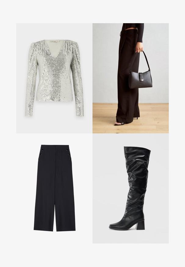 Sudraba garām piedurknēm tops ar dziļu V veida kakla izgriezumu, kam raksturīga teksturēta vertikālo fliteru un krokām izveidota plecu daļa.; Platīsara bikses tumši zilā audumā, kurām ir gluda tekstūra, priekšējie kroki un dekoratīvi zeltaini acs pie sānu kabatām.; Melnās ceļgala augstas zābaki, izgatavoti no spīdīgas ādas, ar brīvu dizainu, smailu purngalu un masīlu blokveida papēdi. Gluda tekstūra ar smalku spīdumu.; Melnā somiņa ar strukturētu formu, gludu tekstūru un metālu sprādzi. Saskaņota ar platām melnām biksēm un sandālēm ar atvērtu purngalu uz koka grīdas.