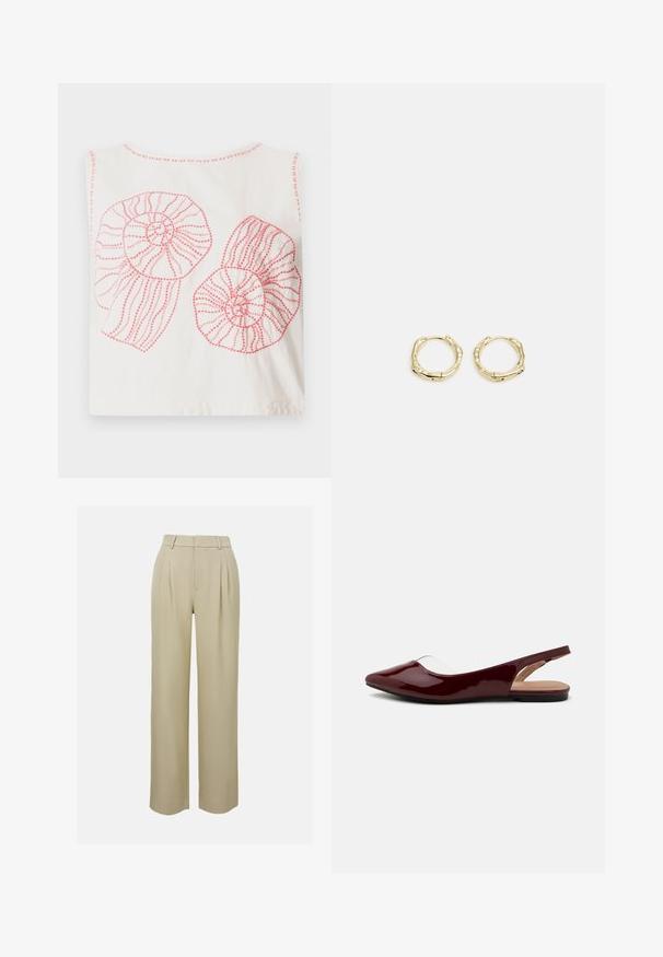 Valkoinen puuvillapaitatoppi, jossa on kaksi suurta vaaleanpunaista spiraalikuorimallia, joissa on ääriviivat ja teksturoitu ommel.; Beige leveleet housut valmistettu sileästä kankaasta, joissa on etupleatit, muotoiltu vyötärö ja sivutaskut. Siisti helman viimeistely.; Burgundy patentitokot slingback-kengät, joissa on terävä kärki, läpinäkyvä aukko ja musta litteä pohja. Sileä pinta, minimalistinen muotoilu.; Kultaiset renkaat, joissa on teksturoitu, epäsäännöllinen muoto. Varustettu saumattomalla suljinnalla ja kiillotetulla pinnalla, mikä korostaa modernia muotoilua.