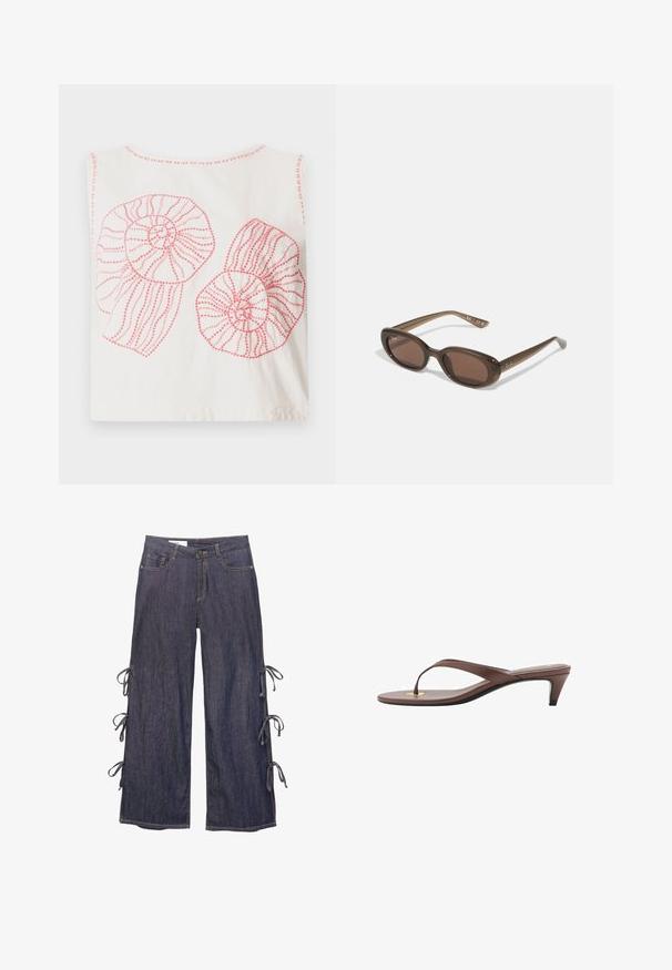Biela bavlnená tielko s dvoma veľkými ružovými špirálovými mušľami s olíniovanými vzormi a štrukturovaným stehom.; Džínsy s širokými nohavicami vo tmavomodrej farbe so bočnými viazaniami a zapínaním na gombík. Obsahujú predné vrecká a uvoľnený strih.; Hnedá platformová žabková sandála s úzkym remienkom a zaobleným prstom, s malým zlatým akcentom na podrážke.; Hnedé oválne slnečné okuliare s tmavými sklami. Rám je vyrobený z priesvitného hnedého materiálu a na spánkoch má vytlačené logo.
