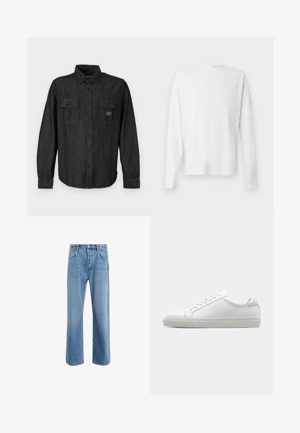 Schwarzes Jeanshemd mit Knopfleiste, spitzem Kragen und zwei Brusttaschen. Verfügt über ein dezentes gestreiftes Muster und ein Markenlabel auf der Tasche.; Langärmliges weißes Baumwollhemd mit rundem Ausschnitt, seitlichen Schlitzen am unteren Rand und glatter Textur, von hinten präsentiert.; Helle blaue Jeans im Geradeschnitt-Design, mit fünf Taschen, Knopfverschluss, minimaler Ausbleichung und kontrastierenden Nähdetails.; Weißer Sneaker mit glattem Lederobermaterial und niedrigem Profil. Verfügt über eine runde Zehenpartie, sechs Ösen und eine strukturierte Gummisohle.