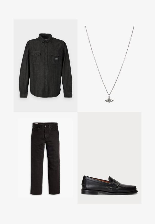 Fekete farmering gombos elülső résszel, hegyes gallérral és két mellzsebbel. Finom csíkozott mintával és feliratozott címkével a zsebben.; Fekete egyenes szárú farmernadrág öt zsebbel, gombos záródással és övhurkokkal, fehér háttéren elhelyezve.; Fekete bőr mokaszin lekerekített orral, varrott részletezéssel és díszes pánttal az elején. Lapos talp minimalista profilal.; Ezüst lánc nyaklánc, részletes, bolygó formájú medállal, kicsi díszítőelemekkel és összetett mintákkal díszítve.