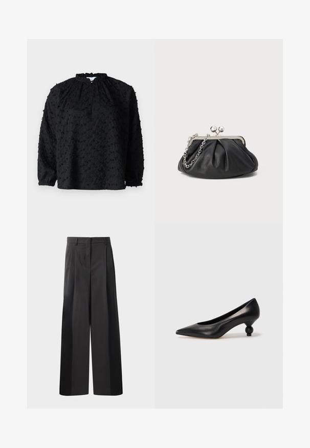 Melnas garām piedurknēm blūze ar teksturētu audumu, kas rotāta ar mazām paceltām punktām. Savelkta kakla līnija un elastīgas aproces piešķir struktūru.; Melni platajā kājās bikses ar augsto jostasvietu, kas ar priekšējiem krokām, gludu tekstūru un pielāgotu apdari. Veidotas relaksētai piegrieztei.; Melnas ādas augstpapēžu kurpes ar smailu purngalu un apaļu papēdi. Gluda tekstūra ar elegantu, minimālistisku dizainu.; Melnas ādas roku soma ar sakrautām tekstūrām, sudraba toņu metāla rāmis, skavas aizdare un ķēdes siksna. Gluda, maiga virsma.