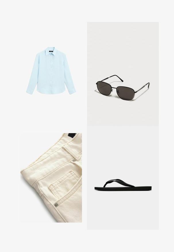Jasnoniebieska koszula z długim rękawem o miękkiej teksturze, z guzikami z przodu i klasycznym kołnierzykiem. Posiada mankiety zapinane na guziki oraz zaokrąglony dół.; Jasno kremowe spodnie dżinsowe o fakturowanej powierzchni, z małą kieszonką z przodu i kontrastowymi przeszyciami. Idealne do codziennego noszenia.; Czarne gumowe klapki z teksturowanym paskiem i prostą płaską podeszwą, przedstawione z boku na jasnym jednolitym tle.; Czarne metalowe okulary przeciwsłoneczne z owalnymi oprawkami, ciemnymi soczewkami, smukłymi zausznikami i subtelnym logo na lewej soczewce. Elegancki, minimalistyczny design.; Brązowa torba tote z zamszu z gładkim skórzanym wykończeniem, szerokimi, miękkimi paskami na ramię i tłoczonym logo z przodu. Charakteryzuje się minimalistycznym designem.