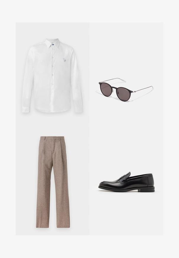 Balta garām piedurknēm krekliņš no gludas auduma ar zilu pogu un nelielu izšuvumu kreisajā pusē. Ar pogām aizdarāms priekšpuses un apkakles dizains.; Brūni, augstos šortos izgatavoti no teksturēta auduma. Iezīmē plašas kājas un divas priekšējās krokas, kas nodrošina struktūru. Kārtīga apdare bez redzamām detaļām.; Melnas ādas kurpes ar gludu tekstūru, noapaļu purngalu un dekoratīvu siksniņu pāri priekšpusei. Zems sakrauts papēdis, minimālisma dizains.; Melni apaļi saulesbrilles ar tumšiem lēca un plānām metāla stangām. Iekļautas caurspīdīgas tempļu galviņas un sudraba akcenti pie eņģes. Minimalistisks dizains.