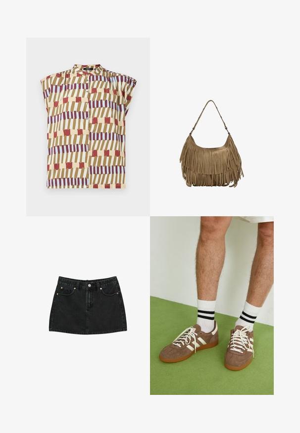 Krátký rukáv blůza s stojáčkem, zapínáním na knoflíky a geometrickým vzorem v červené, hnědé, žluté a světle modré na krémovém pozadí.; Černá džínová minisukně s předním zapínáním na knoflíky, poutky na pásek a dvěma předními kapsami s měděnými nýty, ležící na bílém pozadí.; Hnědé semišové tenisky s bílými akcenty a tkaničkami. Gumová podrážka. Nošeny s bílými ponožkami s černými pruhy. Zelená strukturovaná podlaha.; Hnědá semišová kabelka s dlouhými třásněmi, zakřiveným tvarem a jedním ramenním popruhem. Vyznačuje se hladkým, texturovaným povrchem.